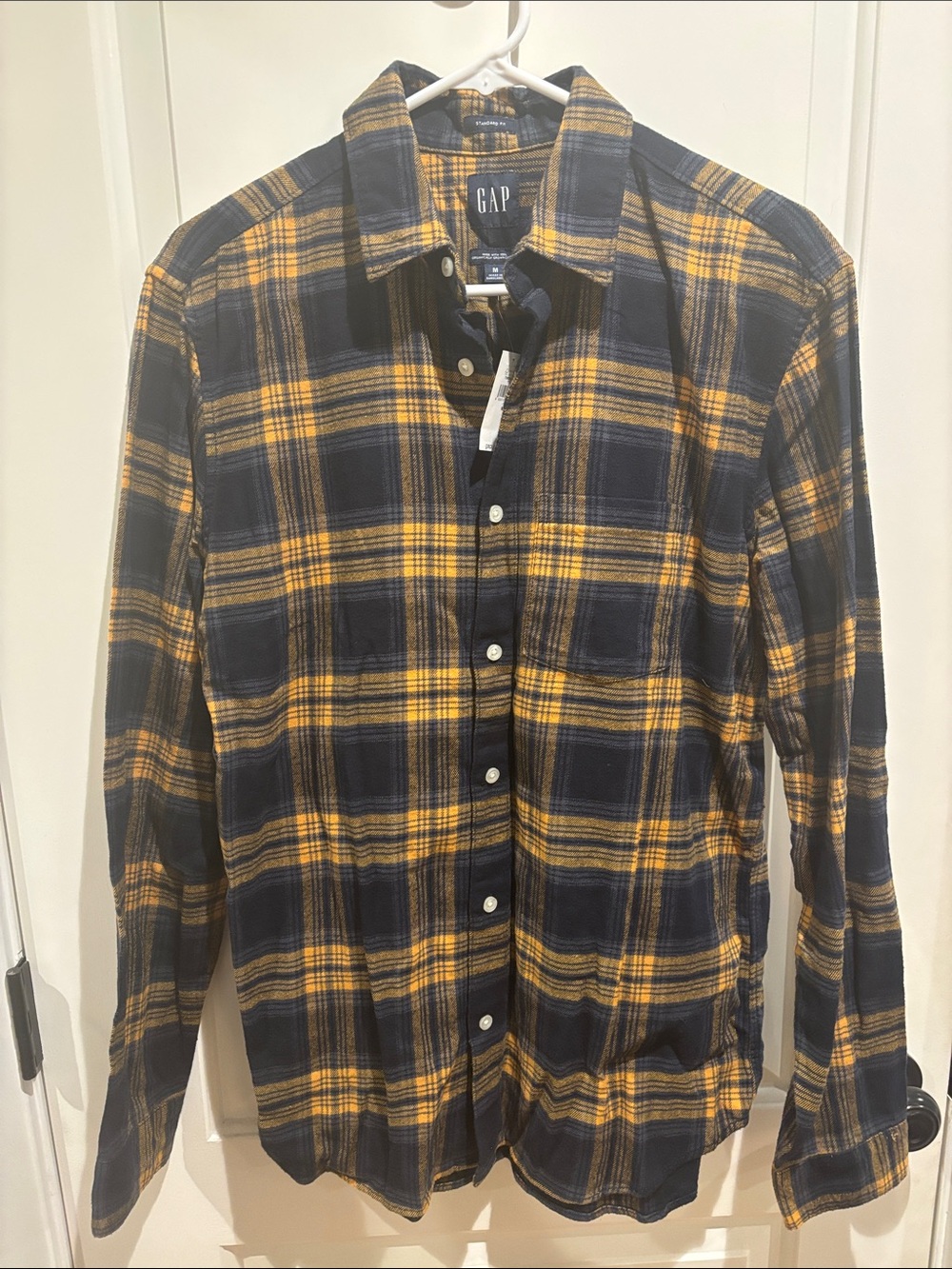 GAP Men's Navy and Yellow Plaid Button-Down Shirt